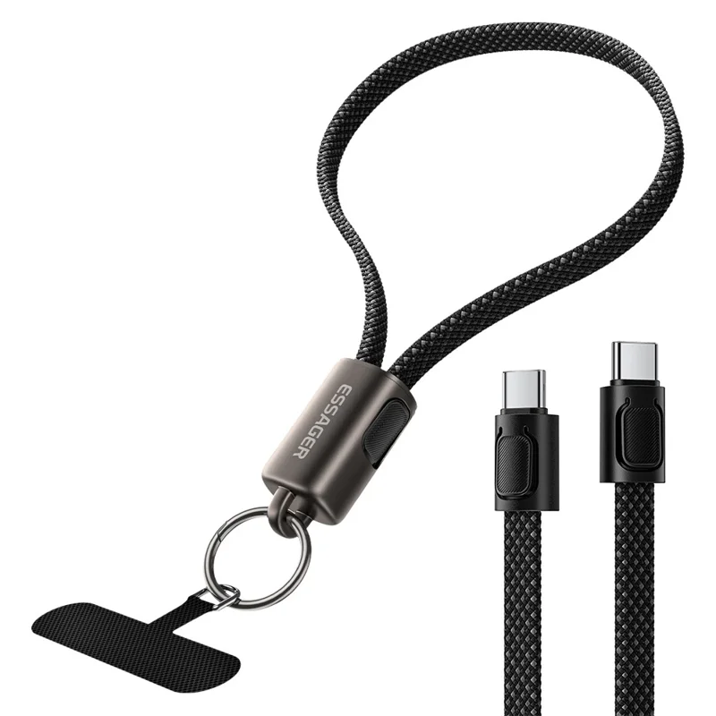 ESSAGER ES-X84 0,3 m Kabel do ładowania z zawieszką 2-w-1 Kabel typu Type-C do Type-C 60 W szybkie ładowanie, opłatka z żyłką – Czarny
