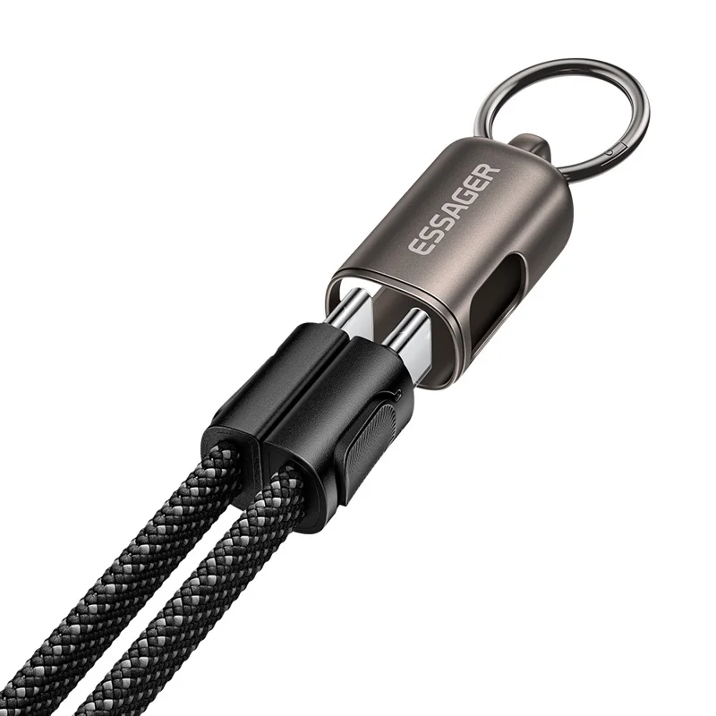ESSAGER ES-X84 0,3 m Kabel do ładowania z zawieszką 2-w-1 Kabel typu Type-C do Type-C 60 W szybkie ładowanie, opłatka z żyłką – Czarny
