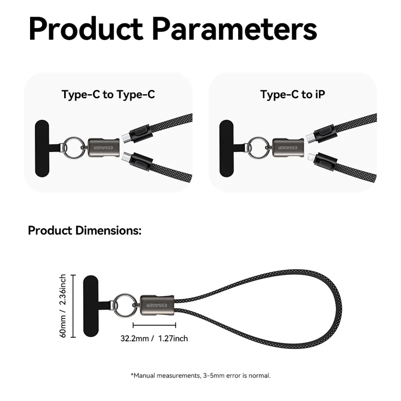 ESSAGER ES-X84 0,3 m Kabel do ładowania z zawieszką 2-w-1 Kabel typu Type-C do Type-C 60 W szybkie ładowanie, opłatka z żyłką – Czarny