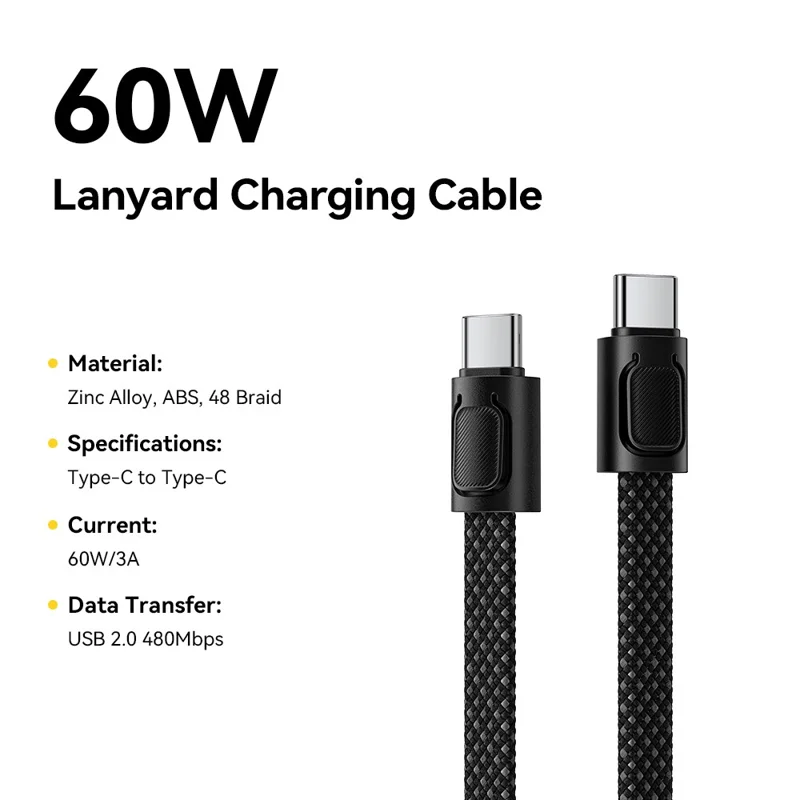 ESSAGER ES-X84 0,3 m Kabel do ładowania z zawieszką 2-w-1 Kabel typu Type-C do Type-C 60 W szybkie ładowanie, opłatka z żyłką – Czarny