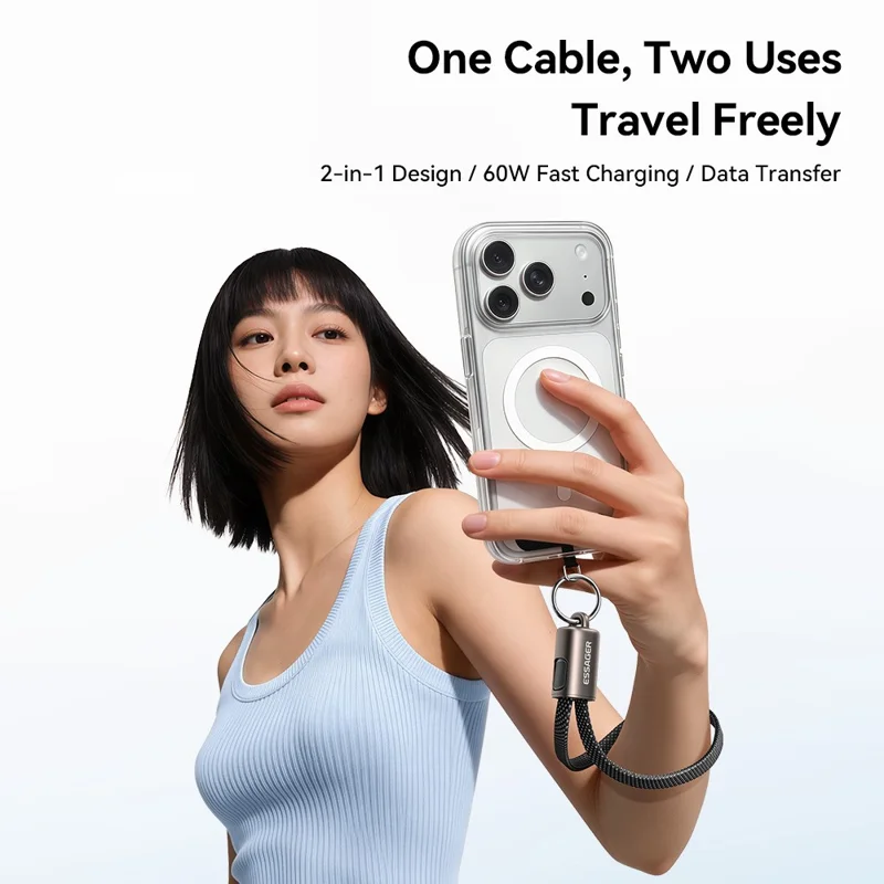 ESSAGER ES-X84 0,3 m Kabel do ładowania z zawieszką 2-w-1 Kabel typu Type-C do Type-C 60 W szybkie ładowanie, opłatka z żyłką – Czarny