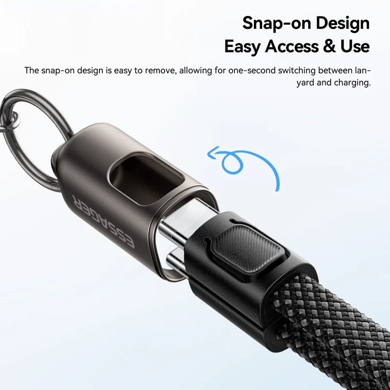 ESSAGER ES-X84 0,3 m Kabel do ładowania z zawieszką 2-w-1 Kabel typu Type-C do Type-C 60 W szybkie ładowanie, opłatka z żyłką – Czarny