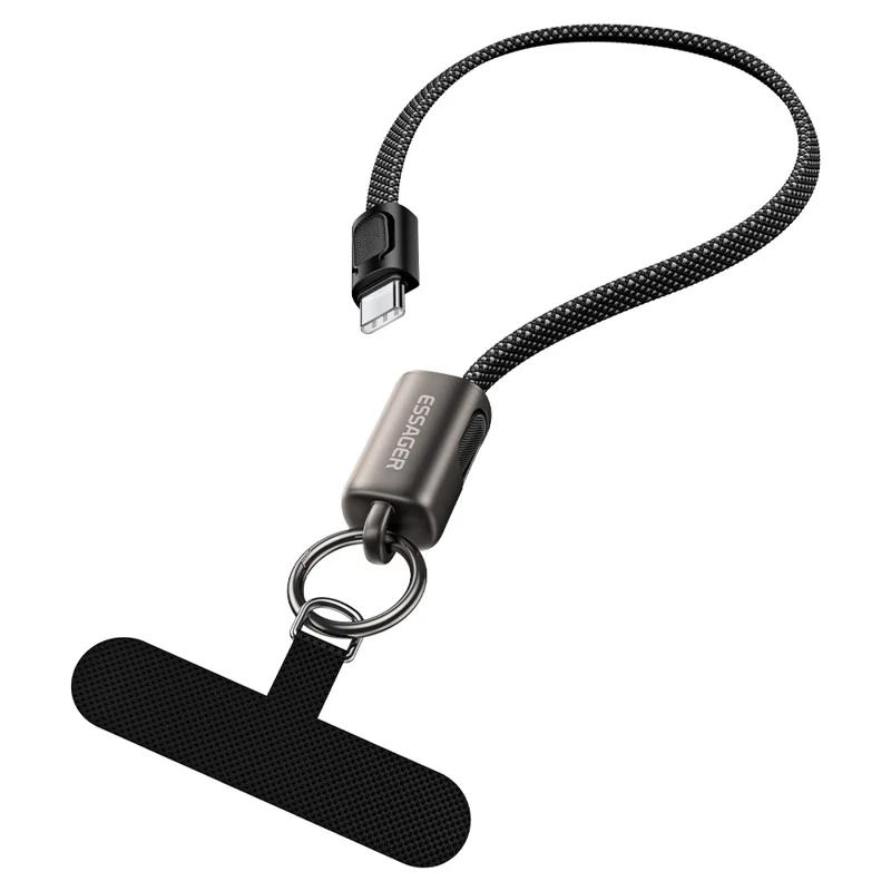 ESSAGER ES-X84 0,3 m Kabel do ładowania z zawieszką 2-w-1 Kabel typu Type-C do Type-C 60 W szybkie ładowanie, opłatka z żyłką – Czarny