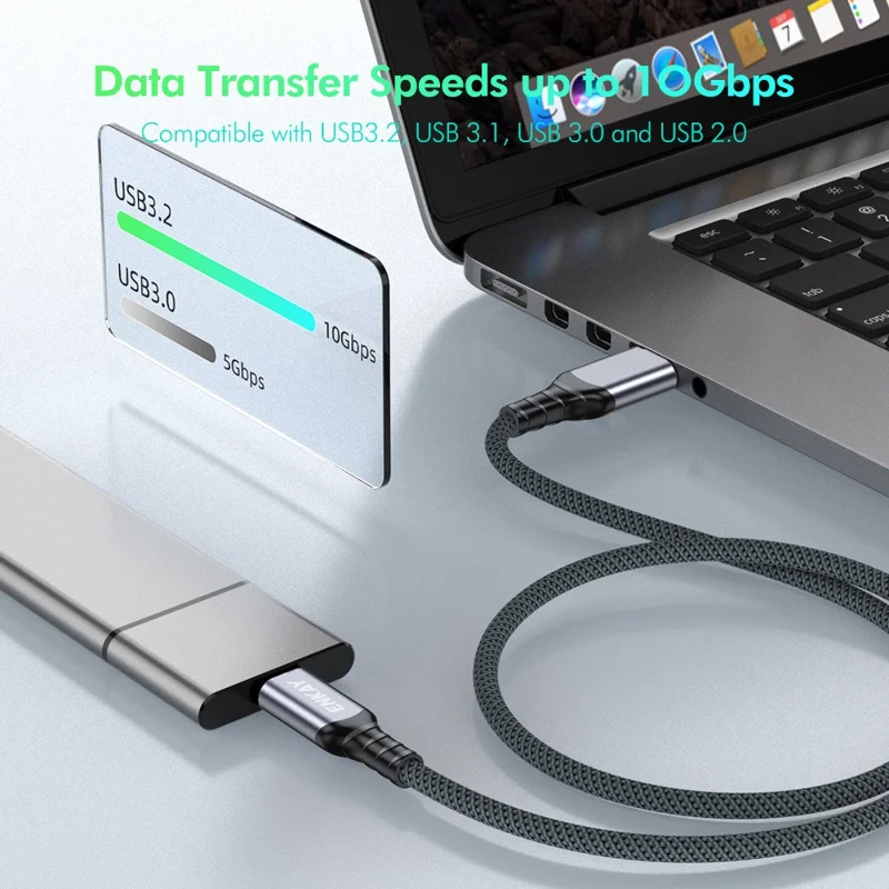 ENKAY 1m USB 3.2 to Type-C Cable 60W Fast Charging 10Gbps High Speed Braided Data Cable - Grey