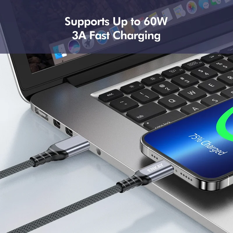 ENKAY 1m USB 3.2 to Type-C Cable 60W Fast Charging 10Gbps High Speed Braided Data Cable - Grey