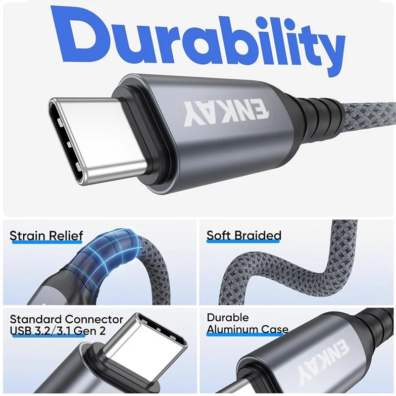 ENKAY 1m USB 3.2 to Type-C Cable 60W Fast Charging 10Gbps High Speed Braided Data Cable - Grey