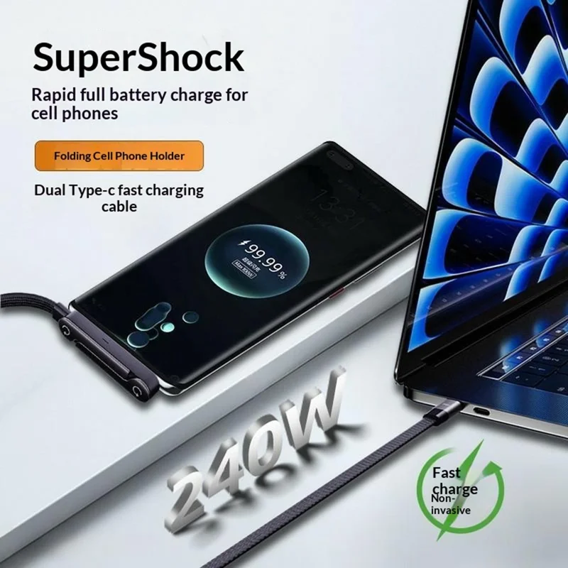 D02 240W Telefonholderkabeladapter med 1 m USB-C til USB-C kabel til iPhone 15 / 17 Type-C hurtigladekabelomformer - Sort