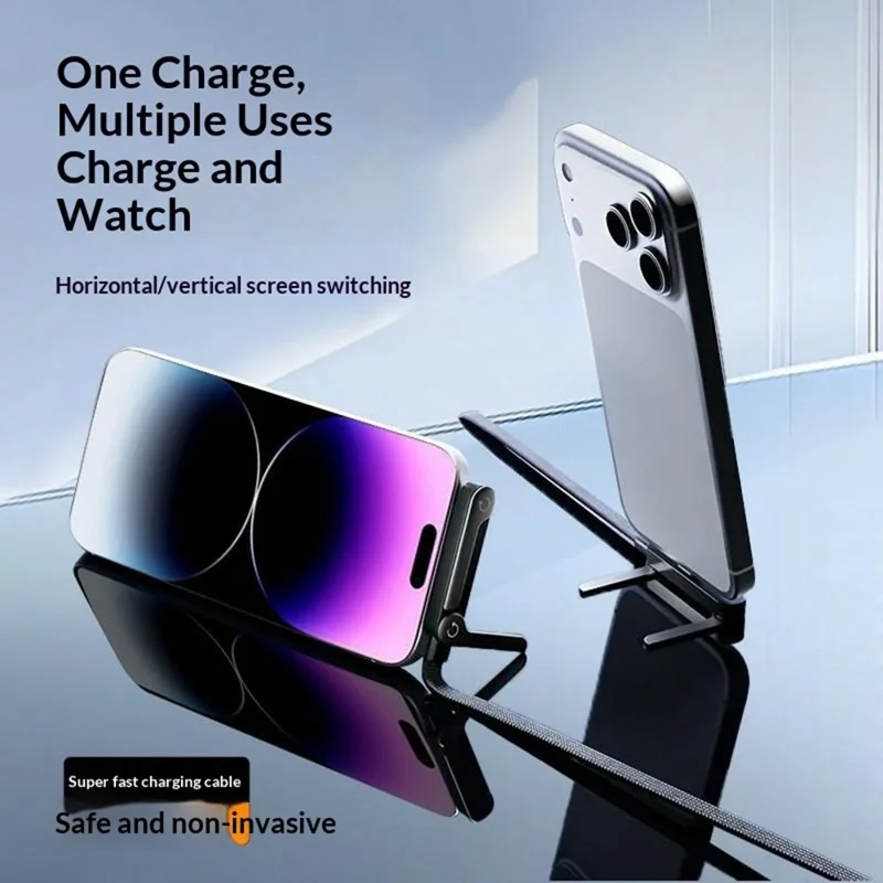 D01 240W Telefonholderkabeladapter til iPhone 15 / 17 Type-C Hurtigladekabelomformer med foldbar holder Spilkekabel - Sort