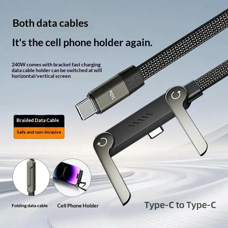 D01 240W Telefonholderkabeladapter til iPhone 15 / 17 Type-C Hurtigladekabelomformer med foldbar holder Spilkekabel - Sort