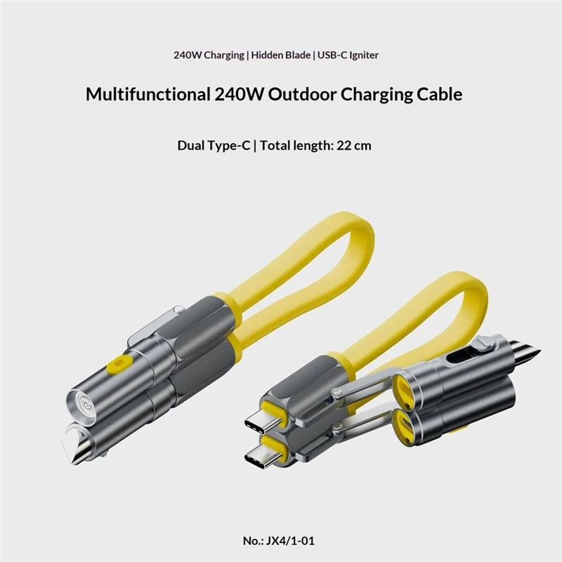 JX4 / 1-01 22cm 240W USB-C Cable with Hidden Blade Lighter Portable 4-in-1 Multifunctional Charging Data Cable for Outdoor Emergency - Yellow