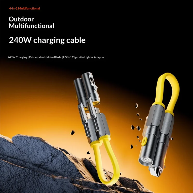 JX4 / 1-01 22cm 240W USB-C Cable with Hidden Blade Lighter Portable 4-in-1 Multifunctional Charging Data Cable for Outdoor Emergency - Yellow