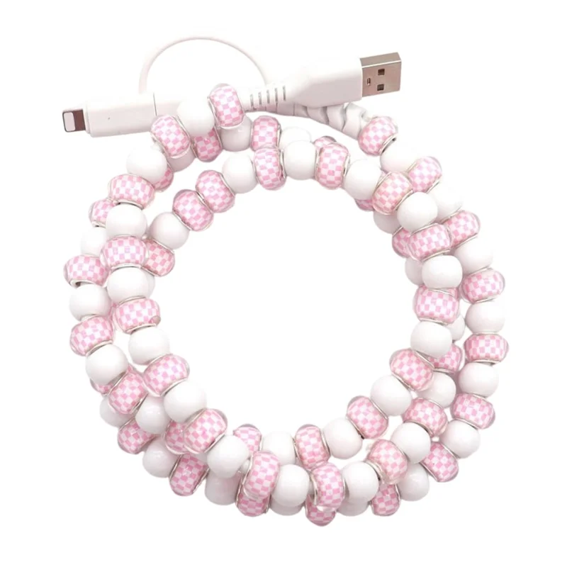 2 in 1 Type-C + iP 12W Charging Cable 1m Handmade Beaded Data Cable for iPhone iPad Android - Pink Grids / White
