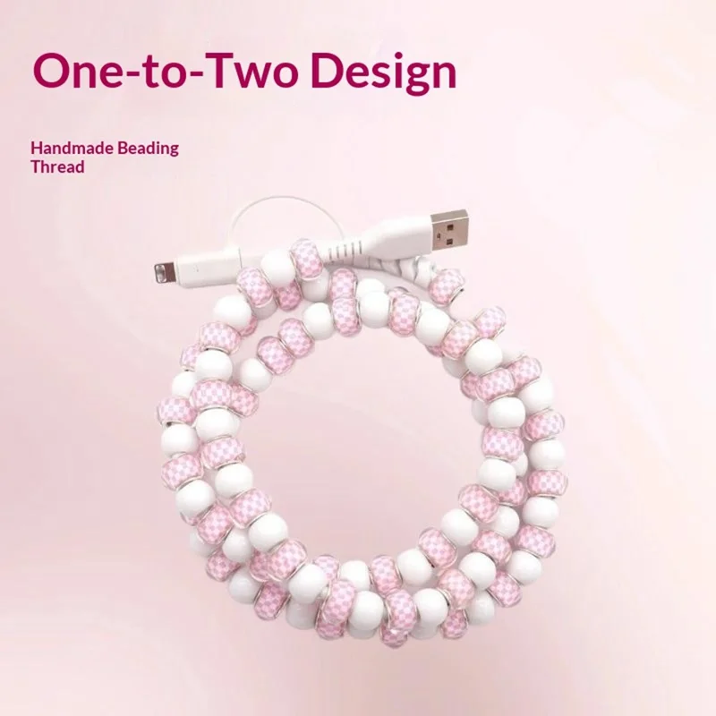 2 in 1 Type-C + iP 12W Charging Cable 1m Handmade Beaded Data Cable for iPhone iPad Android - Pink Grids / White
