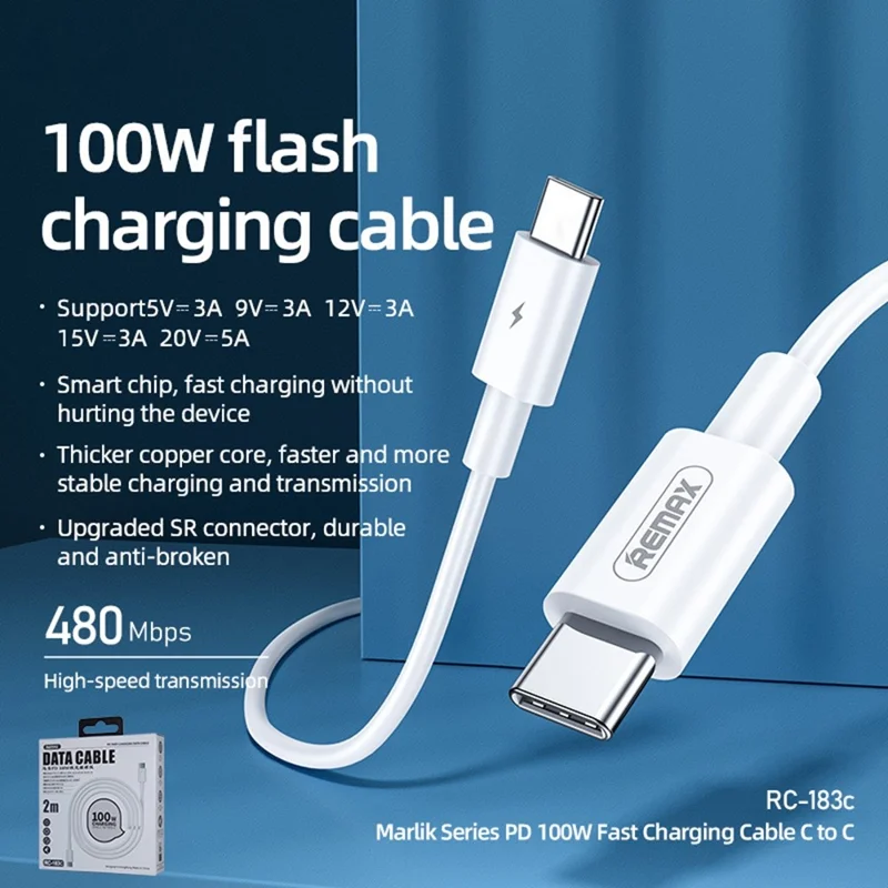 REMAX RC-183C 2m USB-C to USB-C Cable PD 100W Fast Charging Data Cable for Huawei / Xiaomi / Samsung - White