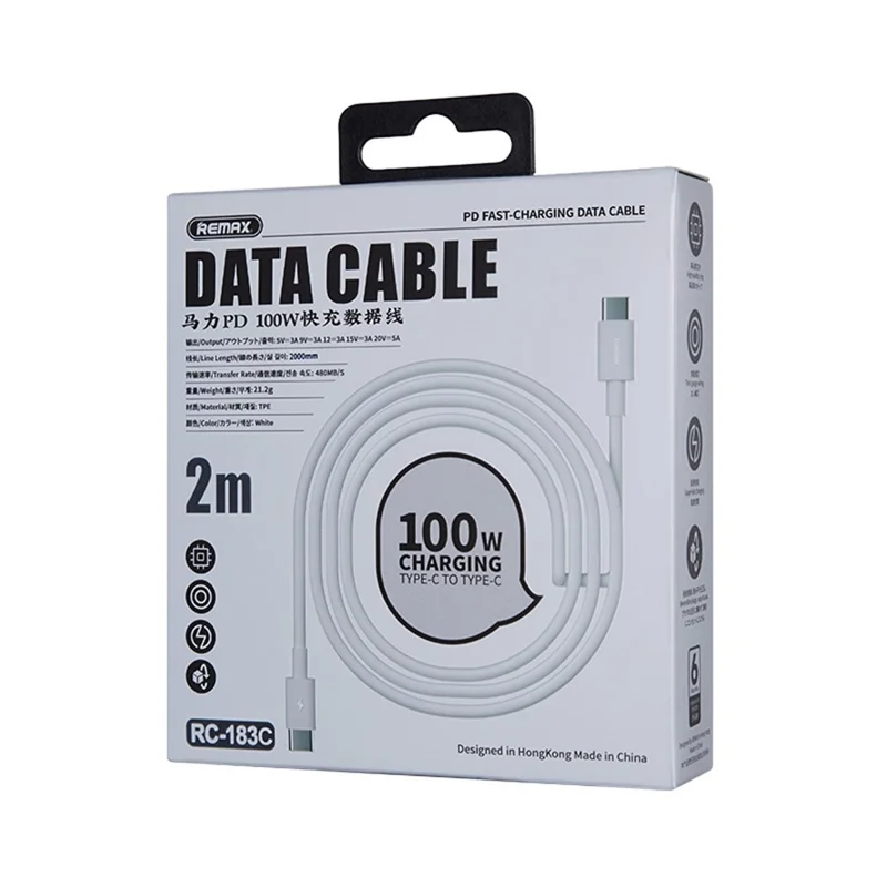REMAX RC-183C 2m USB-C to USB-C Cable PD 100W Fast Charging Data Cable for Huawei / Xiaomi / Samsung - White