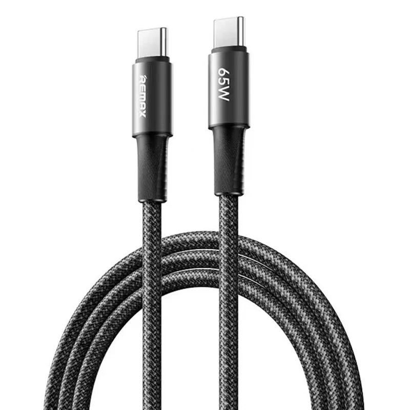 REMAX CB25 2m USB-C auf USB-C Kabel 65W PD Schnellladen Aluminiumlegierung Geflochtenes Datenkabel für Laptop Tablet Telefon – Schwarz