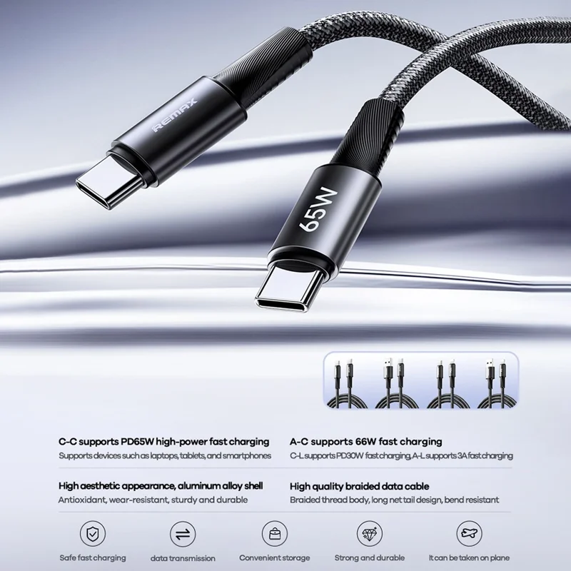 REMAX CB25 2m USB-C auf USB-C Kabel 65W PD Schnellladen Aluminiumlegierung Geflochtenes Datenkabel für Laptop Tablet Telefon – Schwarz