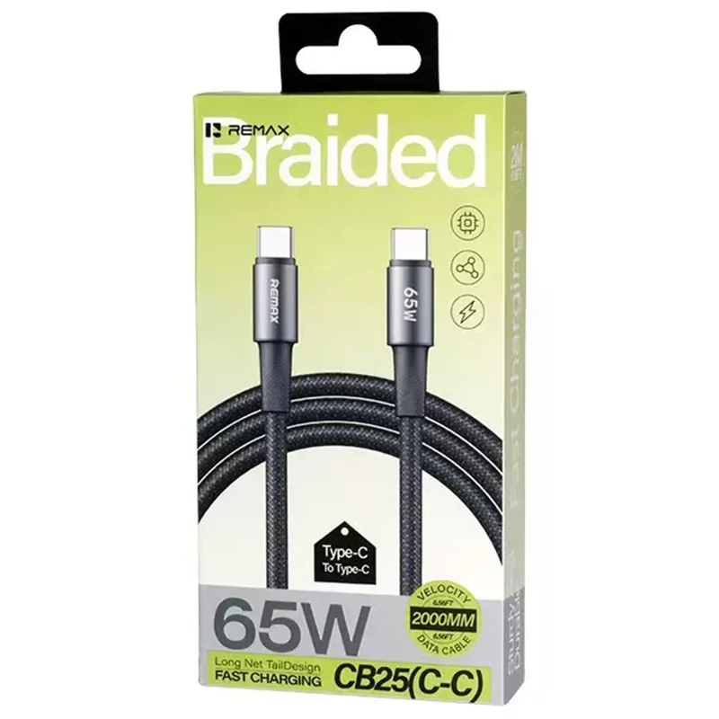 REMAX CB25 2m USB-C auf USB-C Kabel 65W PD Schnellladen Aluminiumlegierung Geflochtenes Datenkabel für Laptop Tablet Telefon – Schwarz