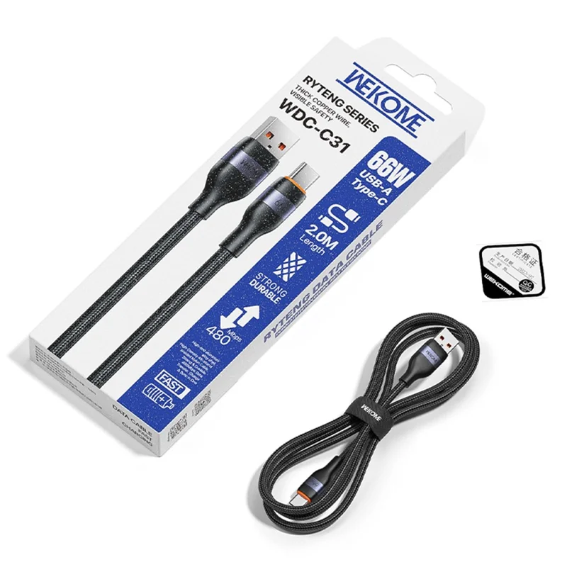 WEKOME WDC-C31 1.2m USB-A to Type-C Cable 66W Fast Charging 480Mbps Data Transfer Cord for Laptop Phone Tablet - Black