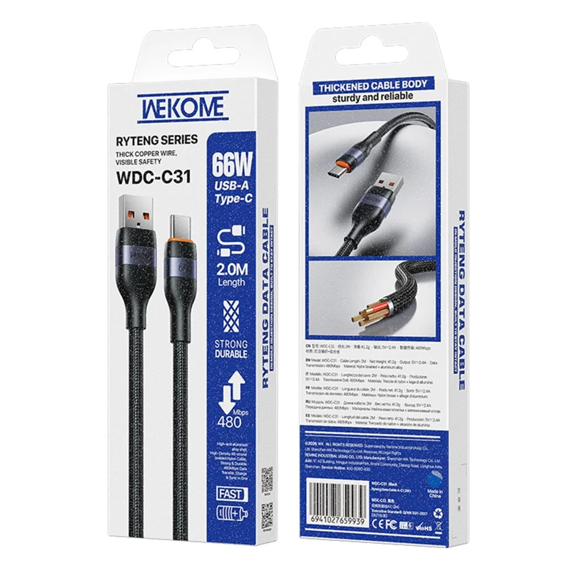 WEKOME WDC-C31 1.2m USB-A to Type-C Cable 66W Fast Charging 480Mbps Data Transfer Cord for Laptop Phone Tablet - Black