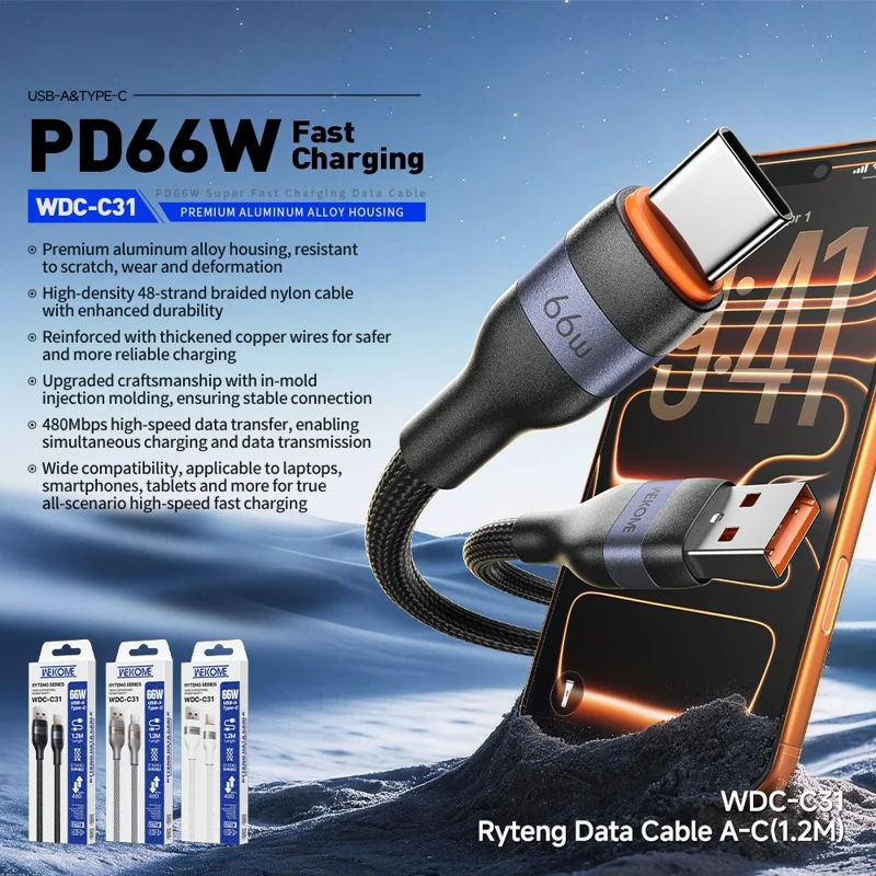 WEKOME WDC-C31 2m USB-A to Type-C Cable 66W Fast Charging 480Mbps Data Transfer Cord for Laptop Phone Tablet - Black