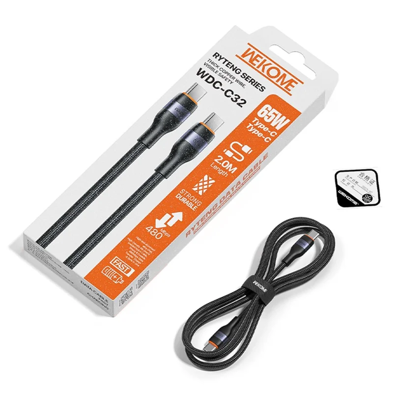 WEKOME WDC-C32 1.2m Type-C to Type-C Cable 65W PD Fast Charging Nylon Braided Cord 480Mbps Data Transfer - Black
