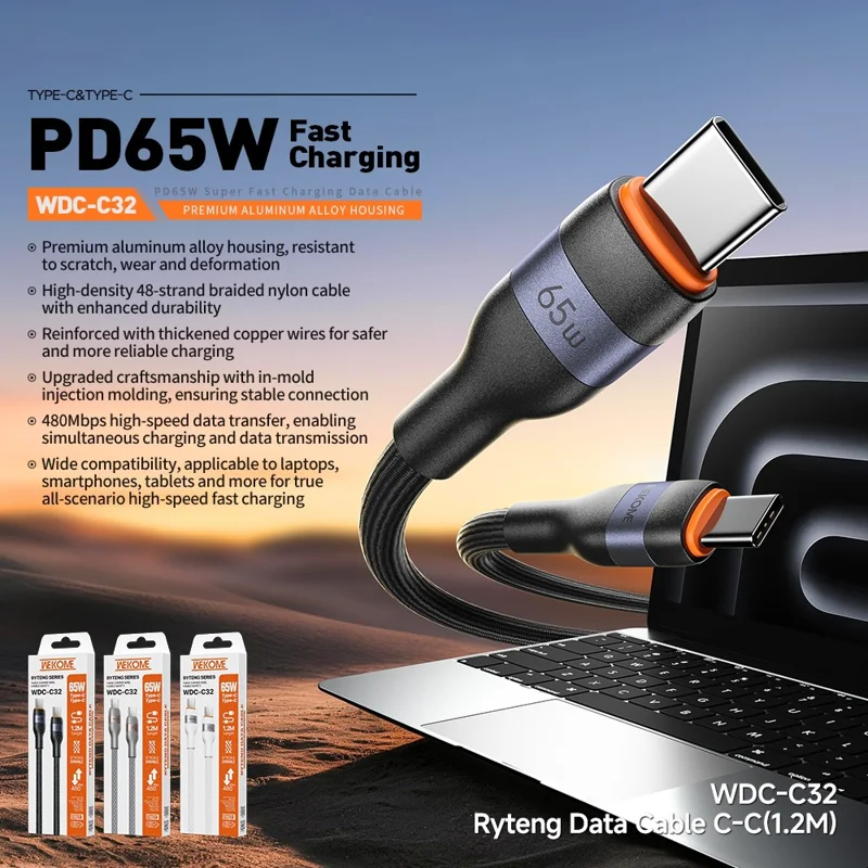 WEKOME WDC-C32 2m Type-C to Type-C Cable 65W PD Fast Charging Nylon Braided Cord 480Mbps Data Transfer - Black