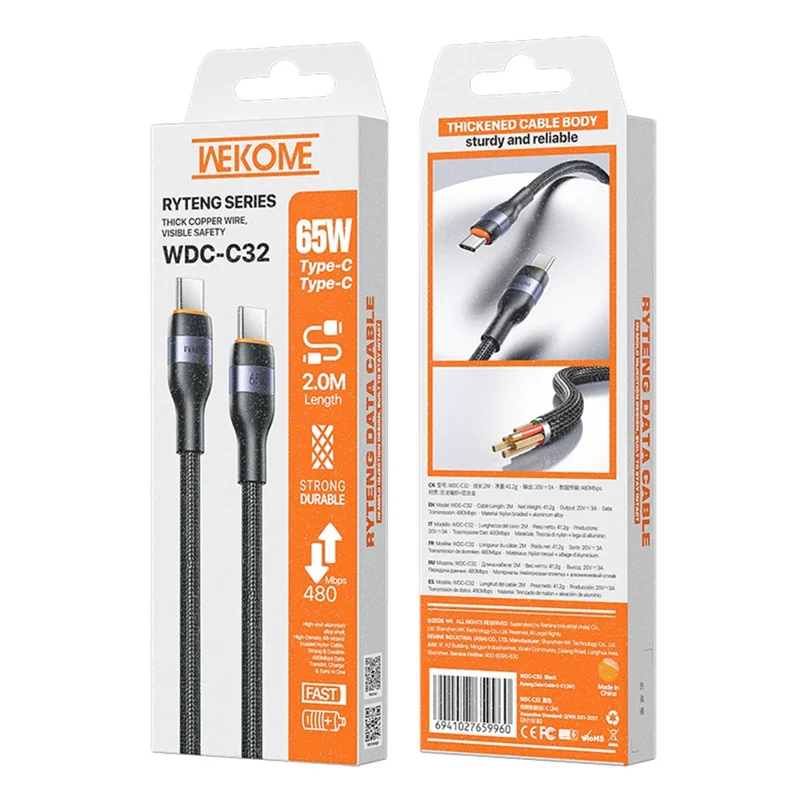 WEKOME WDC-C32 2m Type-C to Type-C Cable 65W PD Fast Charging Nylon Braided Cord 480Mbps Data Transfer - Black
