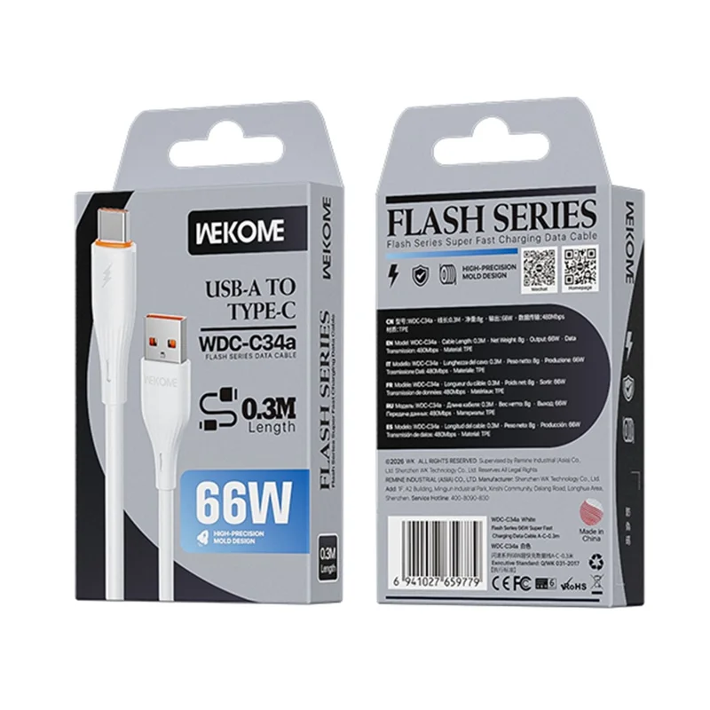 WEKOME WDC-C34a 0.3m USB-A to Type-C Cable 66W Fast Charging Data Cable for Phone Tablet - White