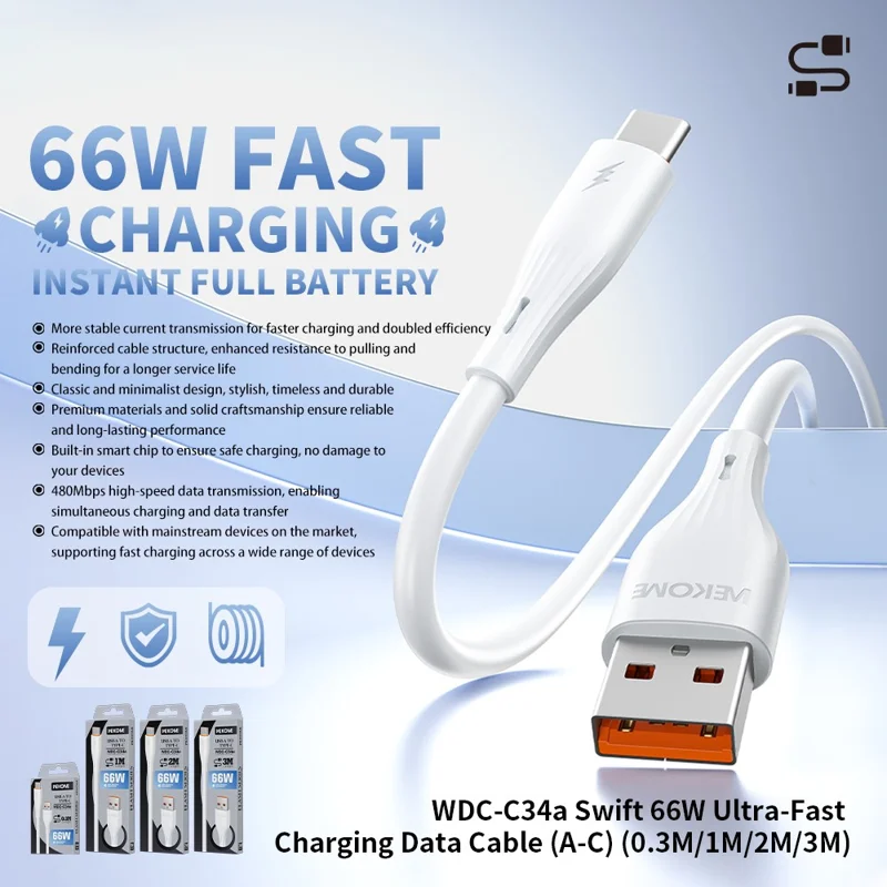 WEKOME WDC-C34a 1m USB-A to Type-C Cable 66W Fast Charging Data Cable for Phone Tablet - White