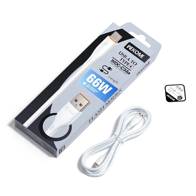 WEKOME WDC-C34a 1m USB-A to Type-C Cable 66W Fast Charging Data Cable for Phone Tablet - White