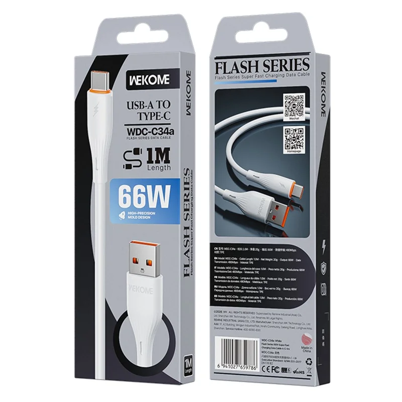 WEKOME WDC-C34a 1m USB-A to Type-C Cable 66W Fast Charging Data Cable for Phone Tablet - White