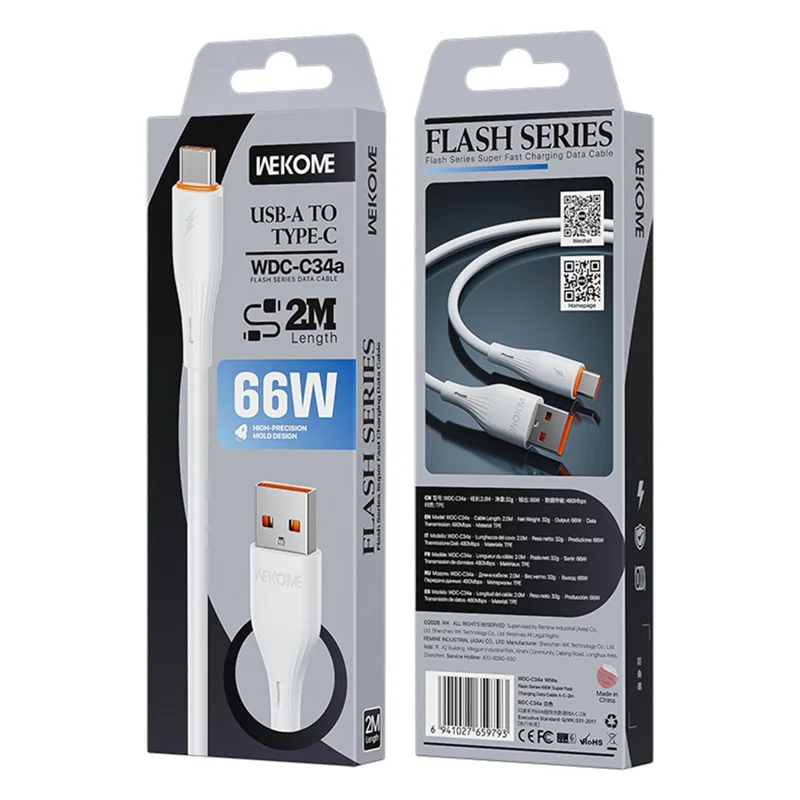 WEKOME WDC-C34a 2 m Cable USB-A a USB Tipo C, Cable de Datos con Carga Rápida de 66 W para Teléfono y Tablet - Blanco