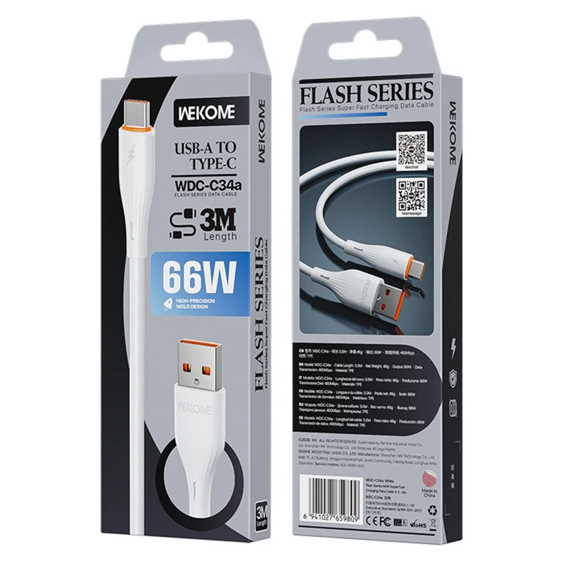 WEKOME WDC-C34a 3 m Cable USB-A a USB Tipo-C, Cable de Datos de Carga Rápida de 66 W para Teléfono y Tableta - Blanco