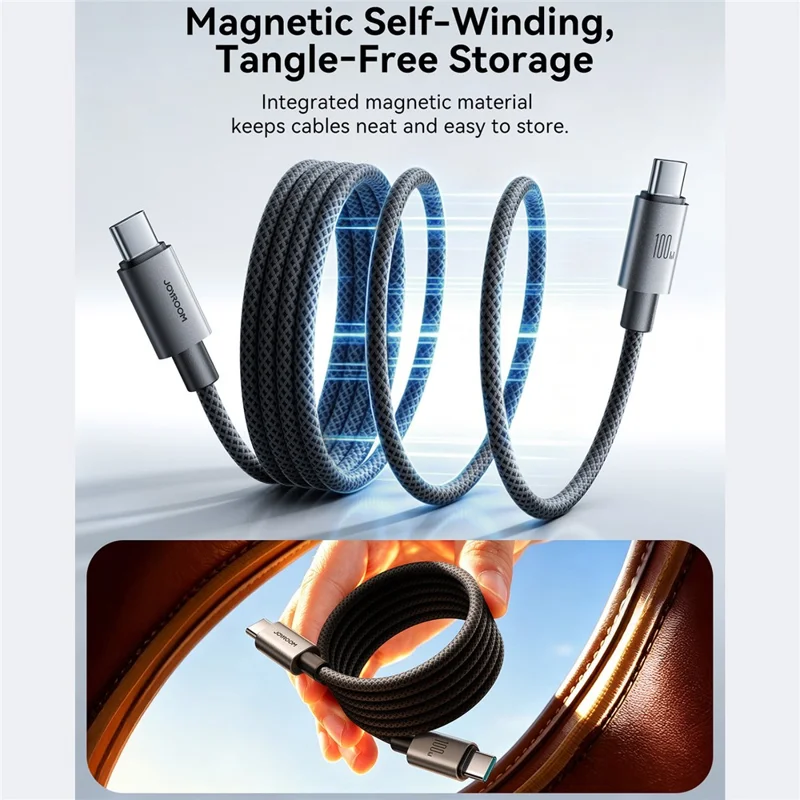 JOYROOM S-A65 1.2m Magnetic Self Winding Cable Type-C to Type-C PD 100W Fast Charging Data Cable - Black