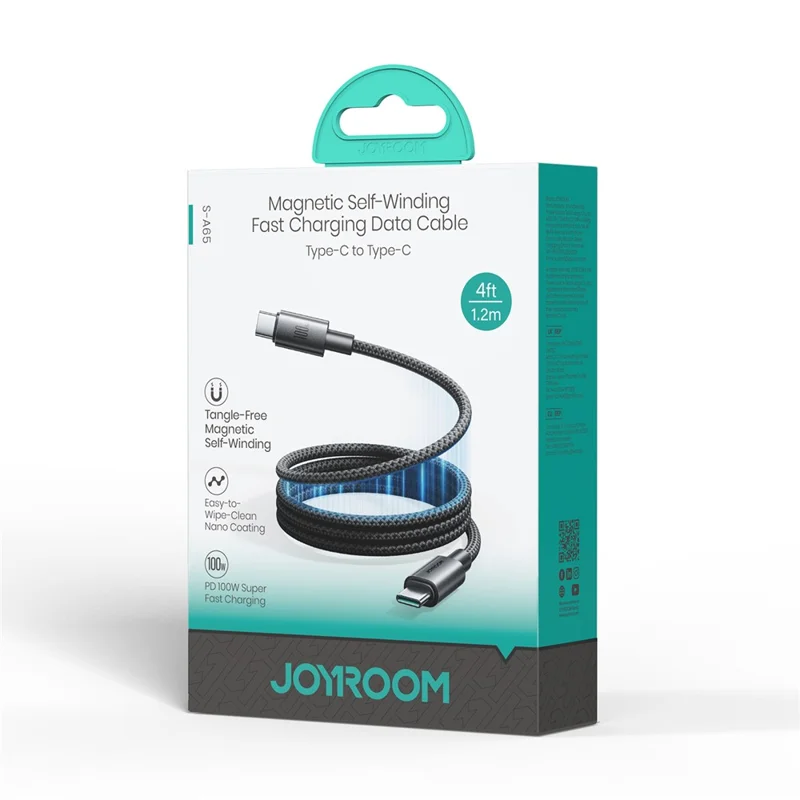 JOYROOM S-A65 1.2m Magnetic Self Winding Cable Type-C to Type-C PD 100W Fast Charging Data Cable - Black