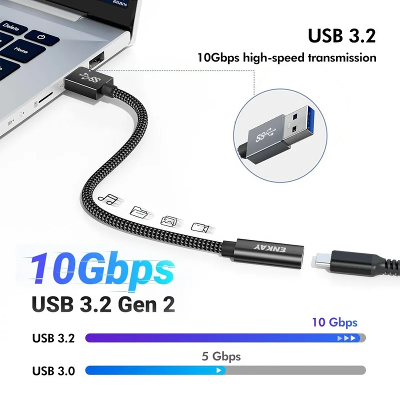 ENKAY ENK-AT136 15cm 10Gbps 60W USB 3.2 Type-C Female to USB-A Male Adapter Cable - Black