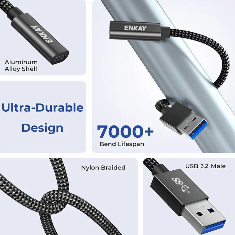 ENKAY ENK-AT136 15cm 10Gbps 60W USB 3.2 Type-C Female to USB-A Male Adapter Cable - Black