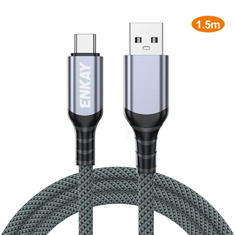 Cable ENKAY 1,5 m USB 3.2 Gen2 de USB-A a USB-C, 60 W de carga rápida, cable de datos de alta velocidad de 10 Gbps - Gris