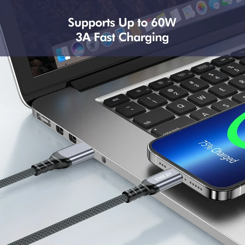 Cable ENKAY 1,5 m USB 3.2 Gen2 de USB-A a USB-C, 60 W de carga rápida, cable de datos de alta velocidad de 10 Gbps - Gris