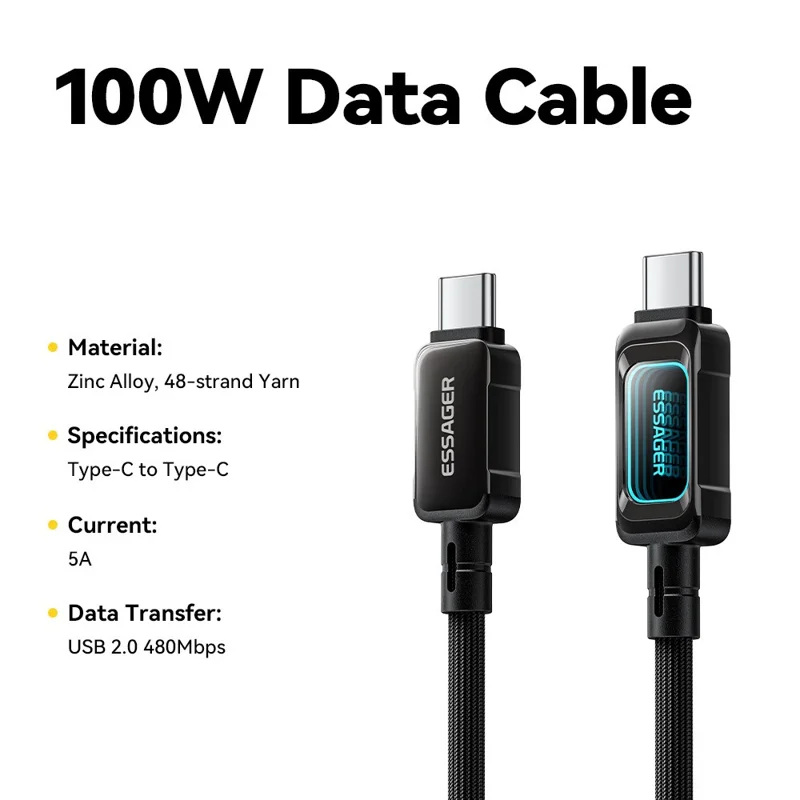 ESSAGER ES-X87 2m Type-C to Type-C Cable 100W Fast Charging Braided Data Cable - Black