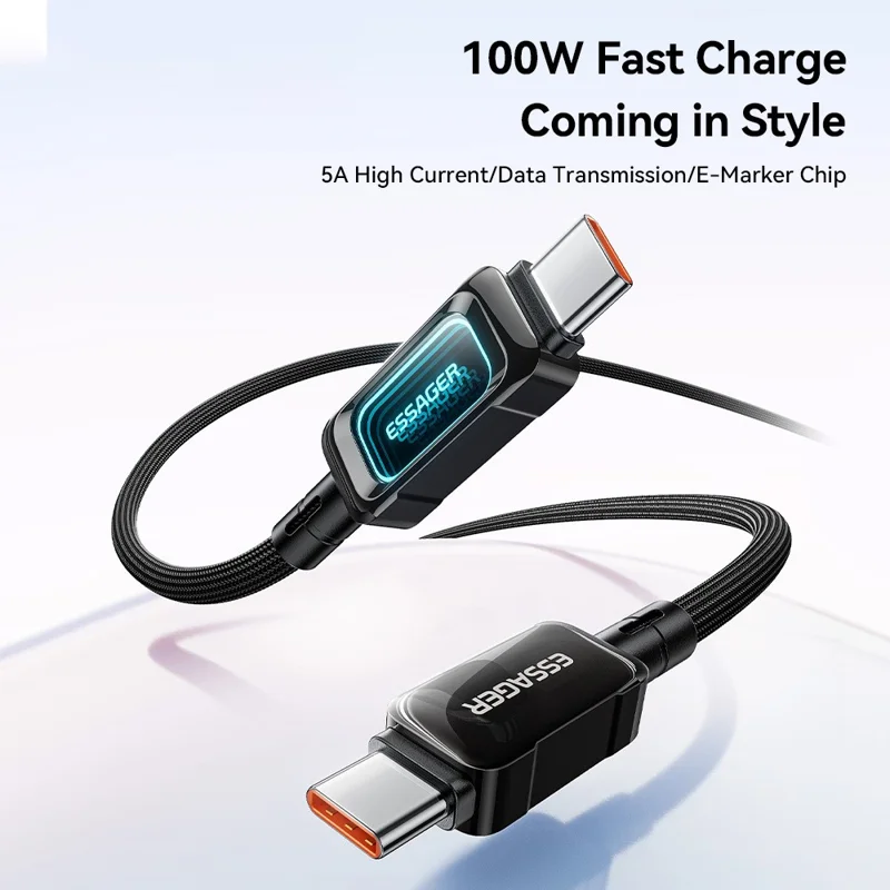 ESSAGER ES-X87 2m Type-C to Type-C Cable 100W Fast Charging Braided Data Cable - Black