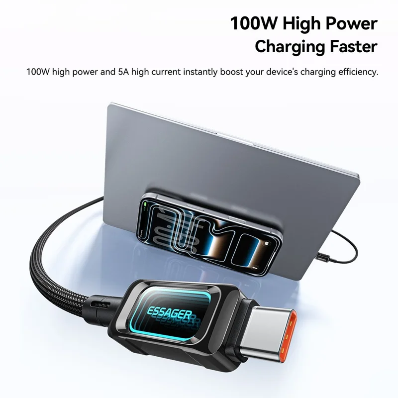 ESSAGER ES-X87 2m Type-C to Type-C Cable 100W Fast Charging Braided Data Cable - Black