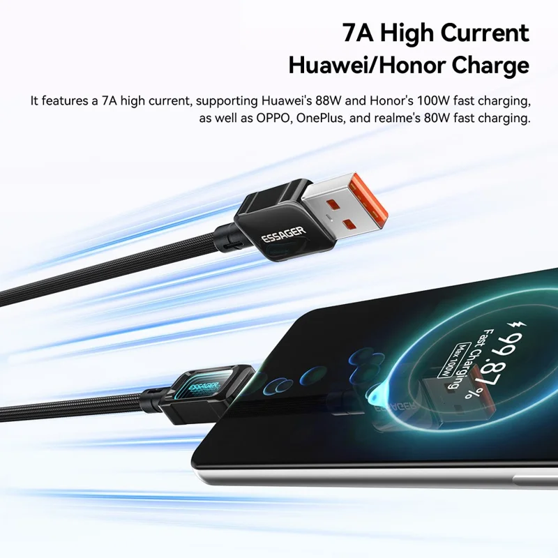 ESSAGER ES-X87 1m USB-A to Type-C Cable 7A Fast Charging 480Mbps Data Transfer Data Cord - Black