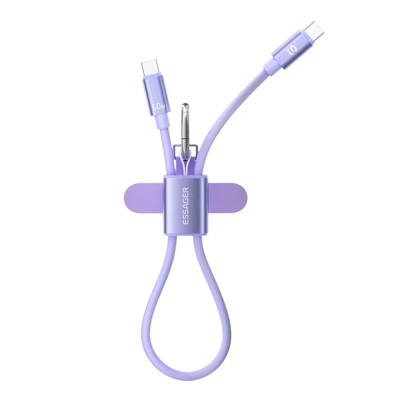 ESSAGER ES-X83 Type-C to Type-C 60W Lanyard Cable 2 in 1 Portable Charging Data Cable for Phone - Purple