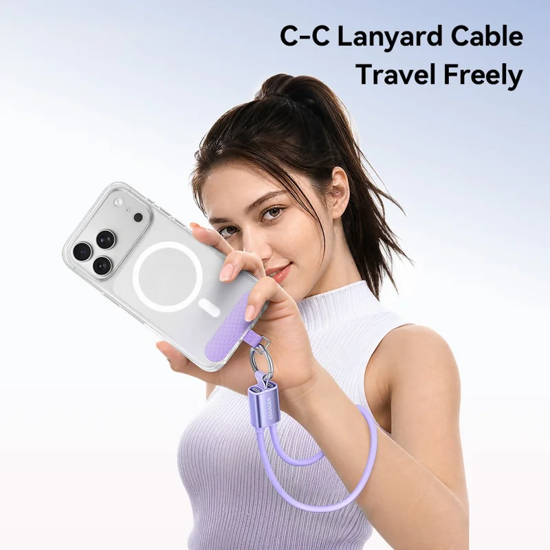 ESSAGER ES-X83 Type-C to Type-C 60W Lanyard Cable 2 in 1 Portable Charging Data Cable for Phone - Purple