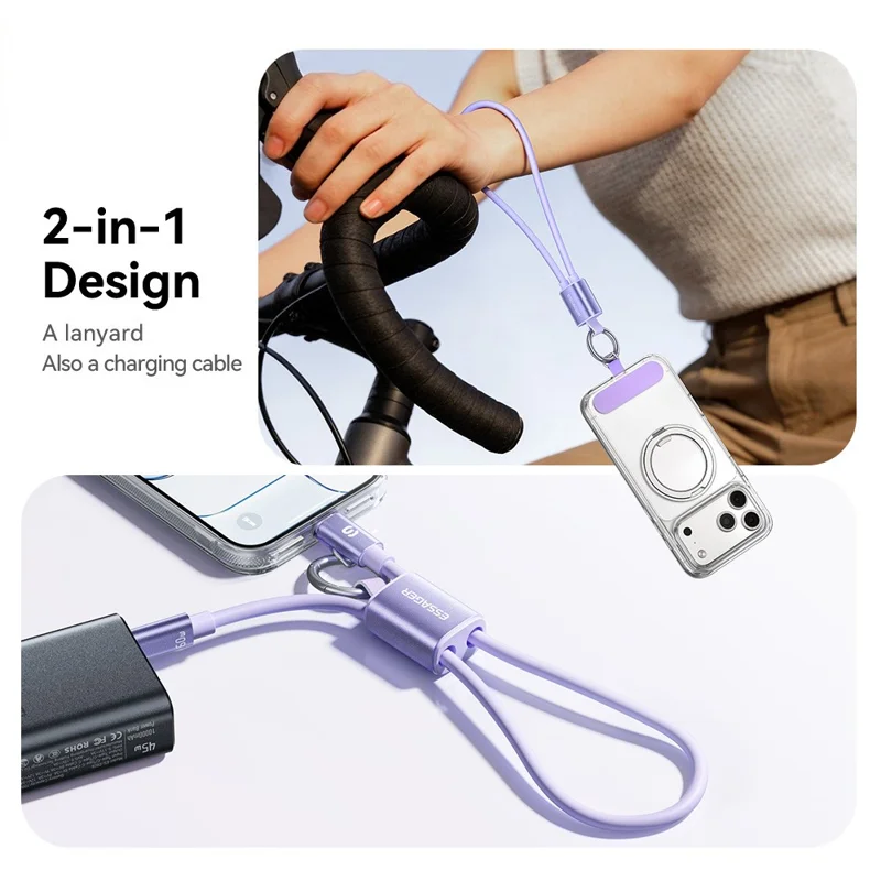 ESSAGER ES-X83 Type-C to Type-C 60W Lanyard Cable 2 in 1 Portable Charging Data Cable for Phone - Purple