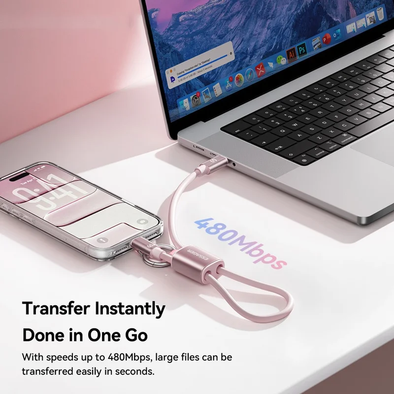 ESSAGER ES-X83 Type-C to Type-C 60W Lanyard Cable 2 in 1 Portable Charging Data Cable for Phone - Purple
