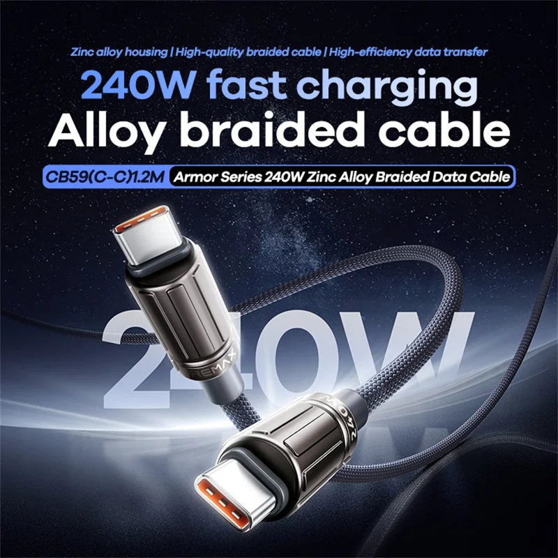 REMAX CB59 Armor 1.2m 240W Zinc Alloy Braided USB-C to USB-C Cable for MacBook Laptop Tablet - Black