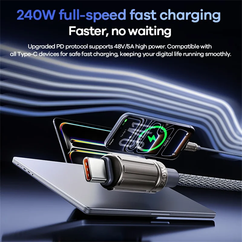 REMAX CB59 Armor 1.2m 240W Zinc Alloy Braided USB-C to USB-C Cable for MacBook Laptop Tablet - Black